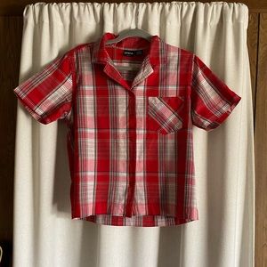 Erika womens medium petite red plaid shirt